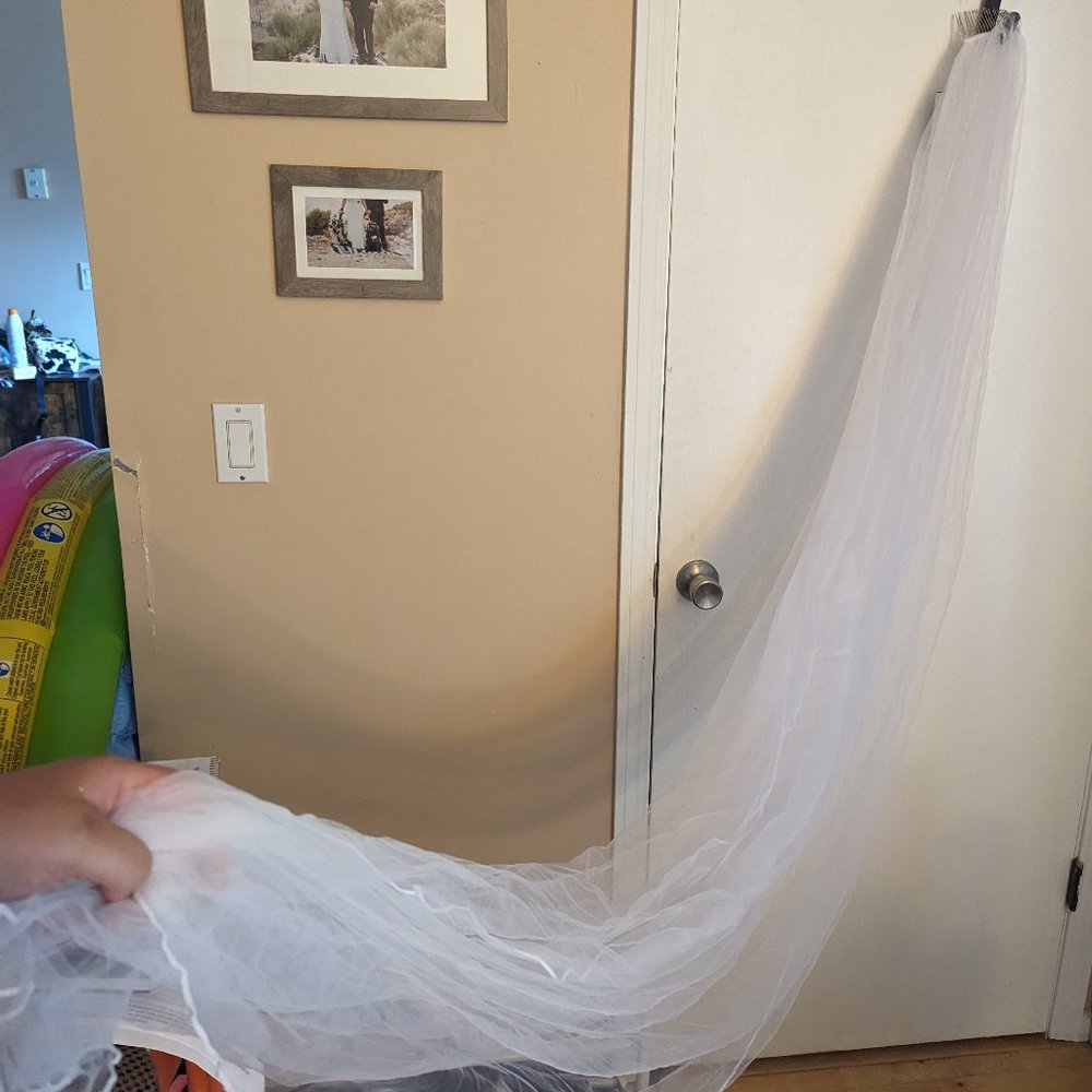 White chapel length veil, white